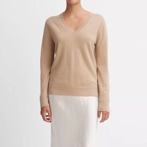 AG CASHMERE V NECK SWEATER RIB TRIM PULLOVER Light Camel Tan S